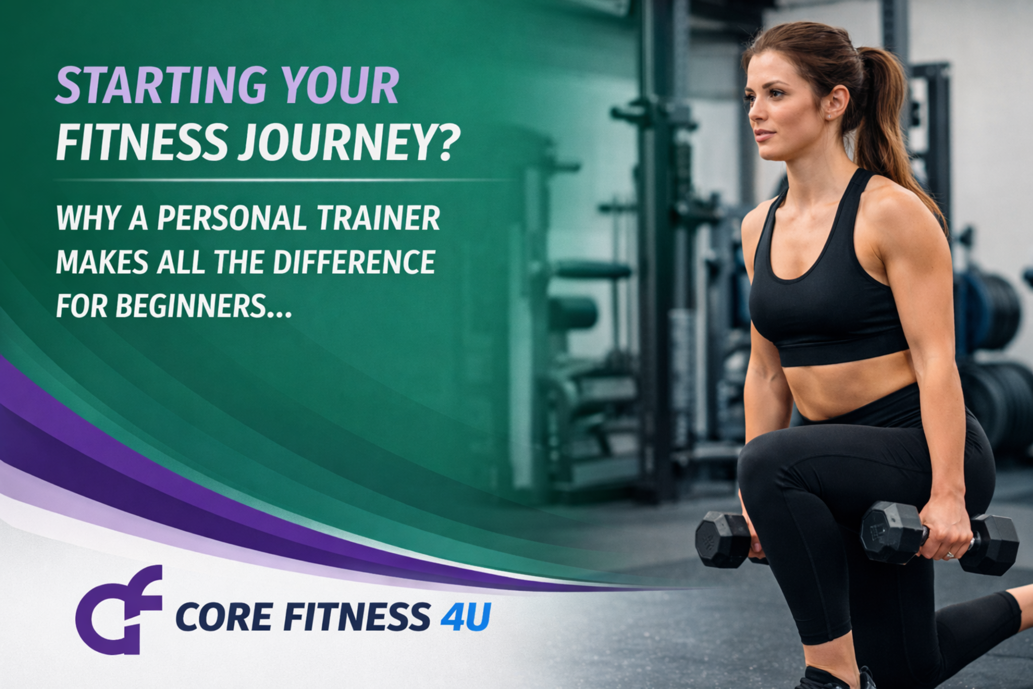 Personal trainer guiding beginner workout with dumbbells in gym