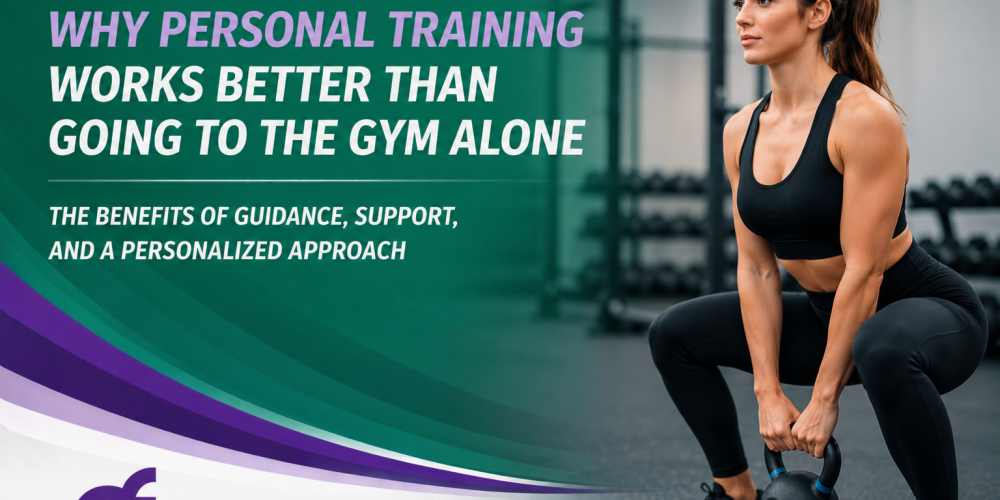 Personal trainer demonstrating kettlebell squat exercise in a gym